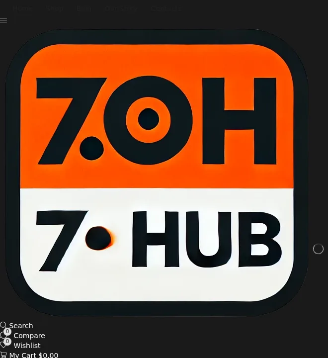A square logo on a dark page: 7.OH in black on an orange band, and below it 7• HUB in black on white; a menu reading Home, Shop, Blog, Our Story, Contacts.
