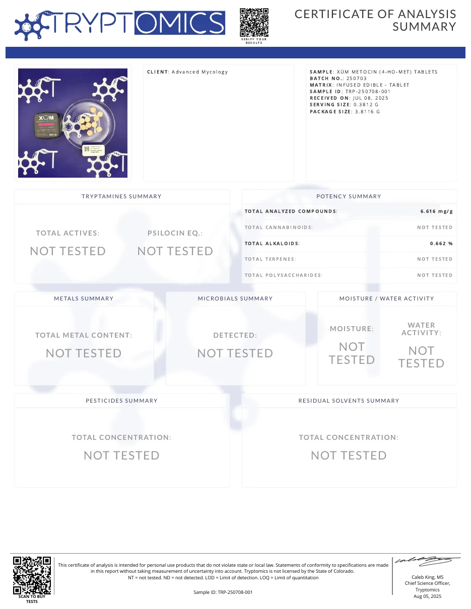 Page one of a Tryptomics 'Certificate of Analysis Summary' for 'XÜM METOCIN (4-HO-MET) TABLETS', batch 250703, client Advanced Mycology. Total alkaloids 0.662%; the metals, microbials, moisture, pesticides and residual-solvents boxes all read 'NOT TESTED'.