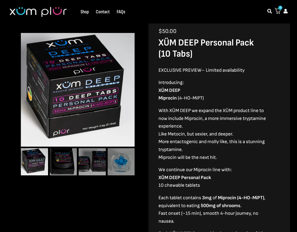 The xumtrip.com page 'XÜM DEEP Personal Pack (10 Tabs)', $50, with a box printed '10 DEEP TABS PERSONAL PACK 30MG MIPROCIN (4-HO-MIPT)', a photo of blue tablets, and text calling miprocin 'Like Metocin, but sexier, and deeper'.