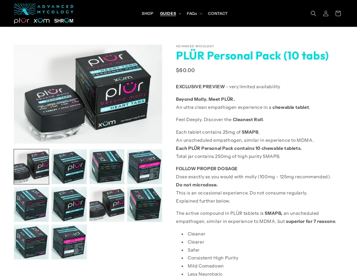 The advancedmyco.com page 'PLÜR Personal Pack (10 tabs)', $60, with boxes printed 'PLÜR beyond molly 10 HEART TABS' and text: 'Each tablet contains 25mg of 5MAPB, An unscheduled empathogen, similar in experience to MDMA' and 'Dose exactly as you would with molly'.