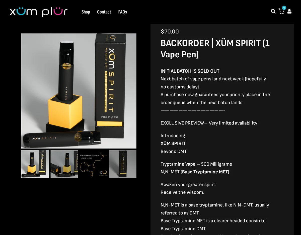 The xumtrip.com page 'BACKORDER | XÜM SPIRIT (1 Vape Pen)', $70, with photos of a black and gold pen and box printed 'beyond dmt' and 'N,N-MET', and text reading 'INITIAL BATCH IS SOLD OUT' and 'Tryptamine Vape, 500 Milligrams N,N-MET (Base Tryptamine MET)'.