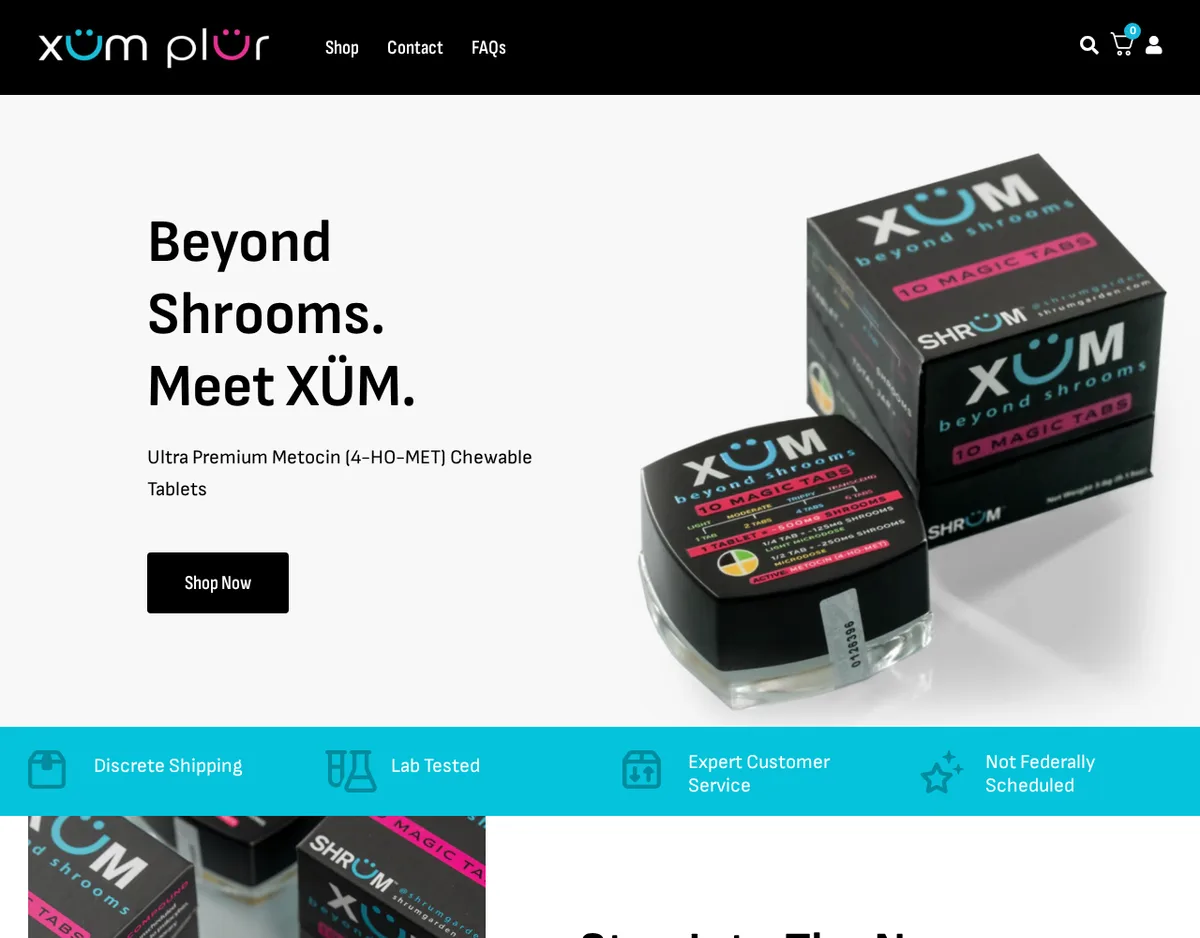 The xumtrip.com home page: 'Beyond Shrooms. Meet XÜM. Ultra Premium Metocin (4-HO-MET) Chewable Tablets', beside a photo of a XÜM box marked '10 MAGIC TABS' and a strip reading 'Discrete Shipping', 'Lab Tested', 'Expert Customer Service', 'Not Federally Scheduled'.