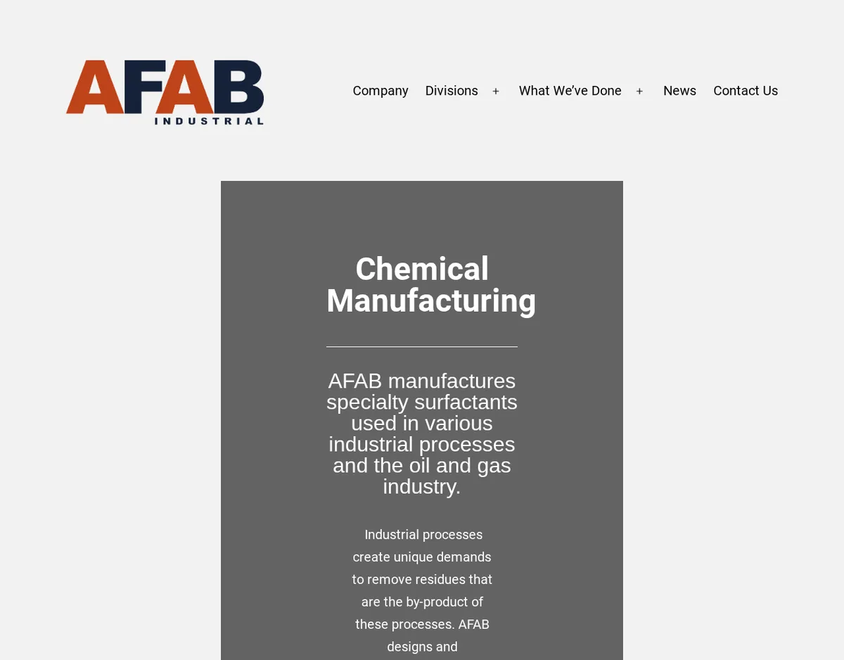 The Chemical Manufacturing page of afabindustrial.com in October 2021: a grey panel saying AFAB manufactures specialty surfactants used in various industrial processes and the oil and gas industry.
