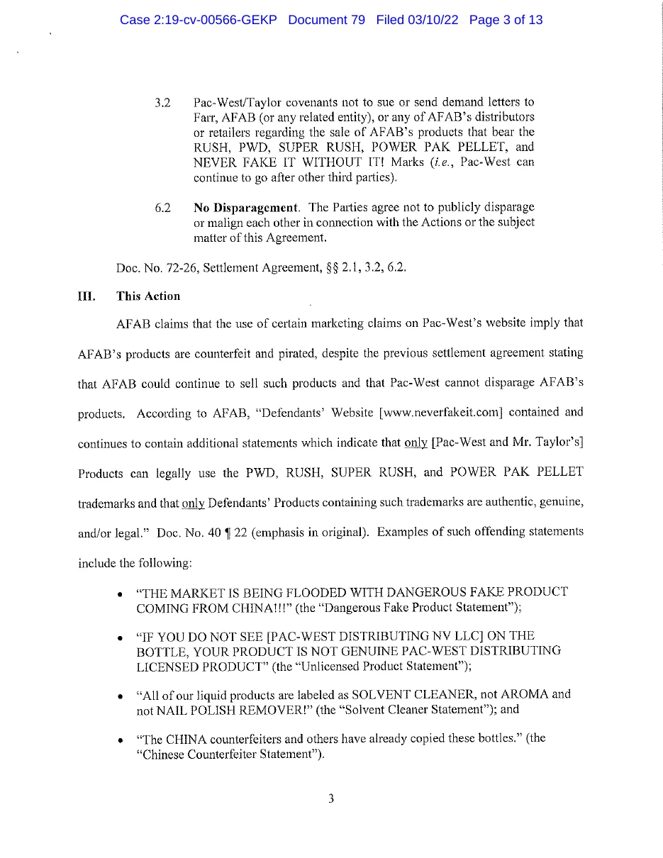 Page 3 of the March 2022 memorandum in AFAB v. Pac-West: settlement clauses 3.2 and 6.2, a covenant not to sue AFAB's distributors and a no-disparagement clause, then AFAB's claim that Pac-West's website implied its products were counterfeit, with four quoted website statements about fake product from China and bottles labelled solvent cleaner.