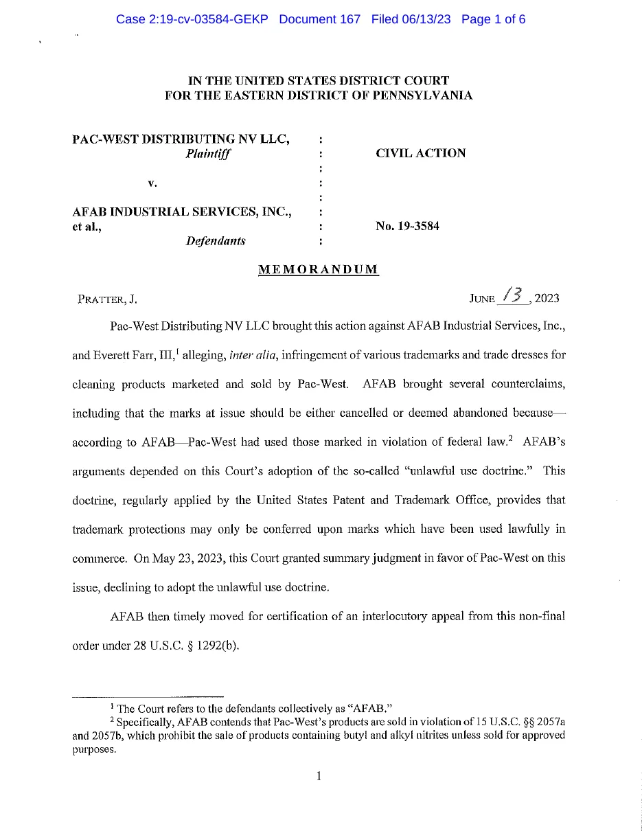 Page 1 of the June 13, 2023 memorandum in Pac-West v. AFAB on AFAB's request for an interlocutory appeal, describing AFAB's counterclaims that the marks should be cancelled because Pac-West used them in violation of federal law, and a footnote citing 15 U.S.C. 2057a and 2057b.