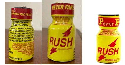 The top row of the FDA's 2021 poppers photograph: a yellow Power-Pak Pellet bottle whose label reads Warning Contents Isobutyl Nitrite and, in small print, I.C.E. Bensalem PA, with orange directions for artificial nails; a yellow Rush bottle with a Never Fake It cap labelled nail polish remover; and a yellow Rush bottle labelled cleaning solution.