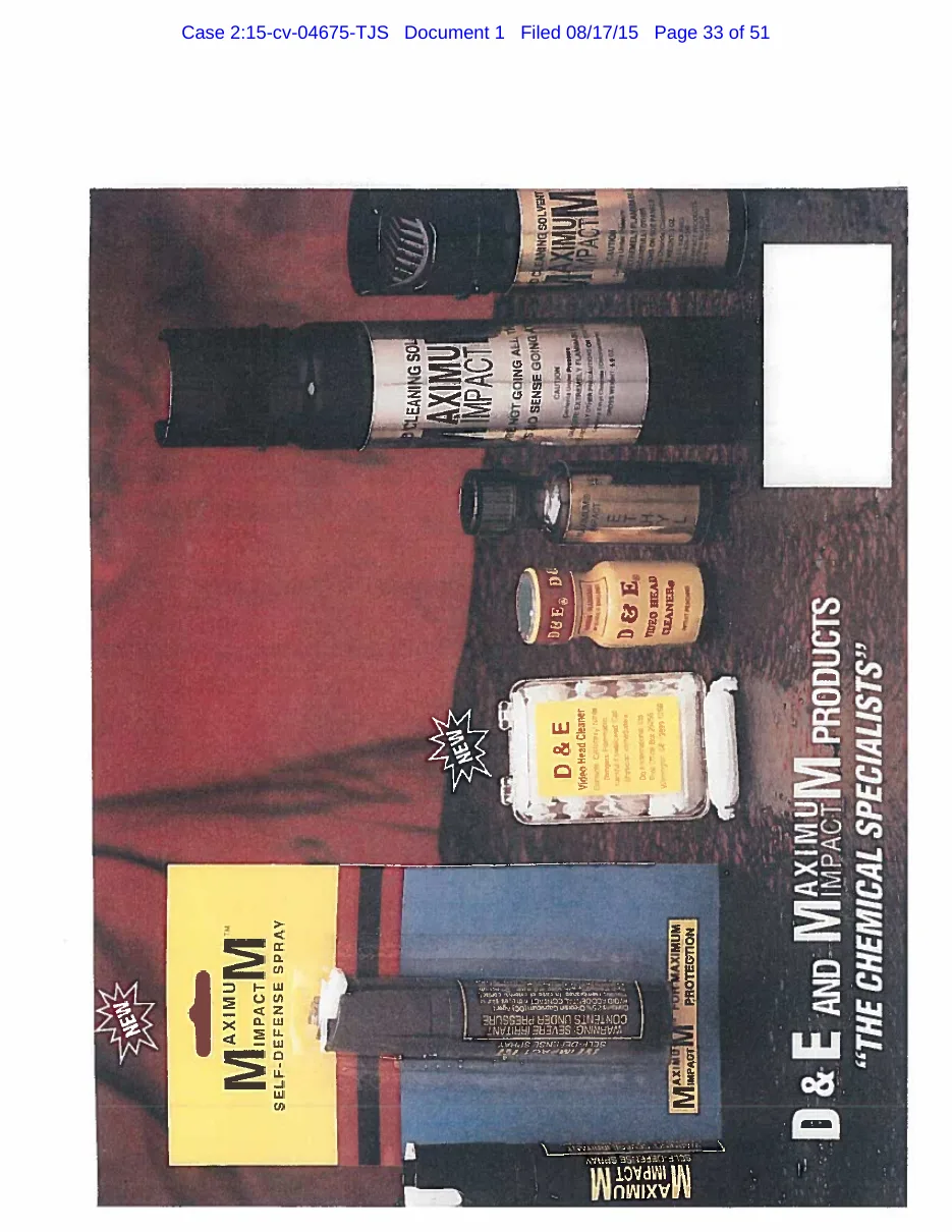 A sales flyer on a red background headed D and E and Maximum Impact Products, The Chemical Specialists, with silver Maximum Impact aerosol cans, small brown and yellow bottles labelled video head cleaner, a box of D and E bottles and a Maximum Impact self-defense spray.