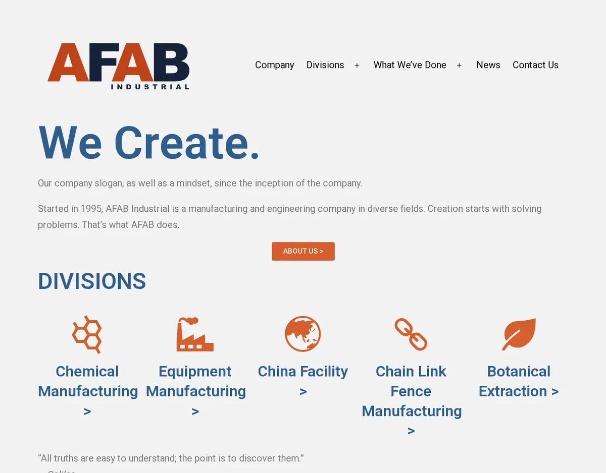 The afabindustrial.com home page in January 2026: an AFAB Industrial logo, the slogan We Create, a line that AFAB Industrial started in 1995 as a manufacturing and engineering company in diverse fields, and five division icons for chemical manufacturing, equipment manufacturing, China facility, chain link fence manufacturing and botanical extraction.