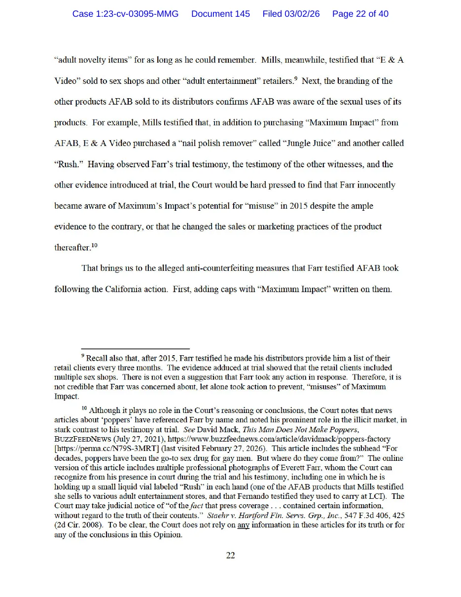 Page 22 of the March 2, 2026 opinion in AFAB v. Little Chelsea: a distributor bought Maximum Impact, a nail polish remover called Jungle Juice and another called Rush from AFAB; the court would be hard pressed to find that Farr innocently became aware of misuse in 2015; and footnotes on distributors' sex-shop clients and on BuzzFeed's 2021 article.