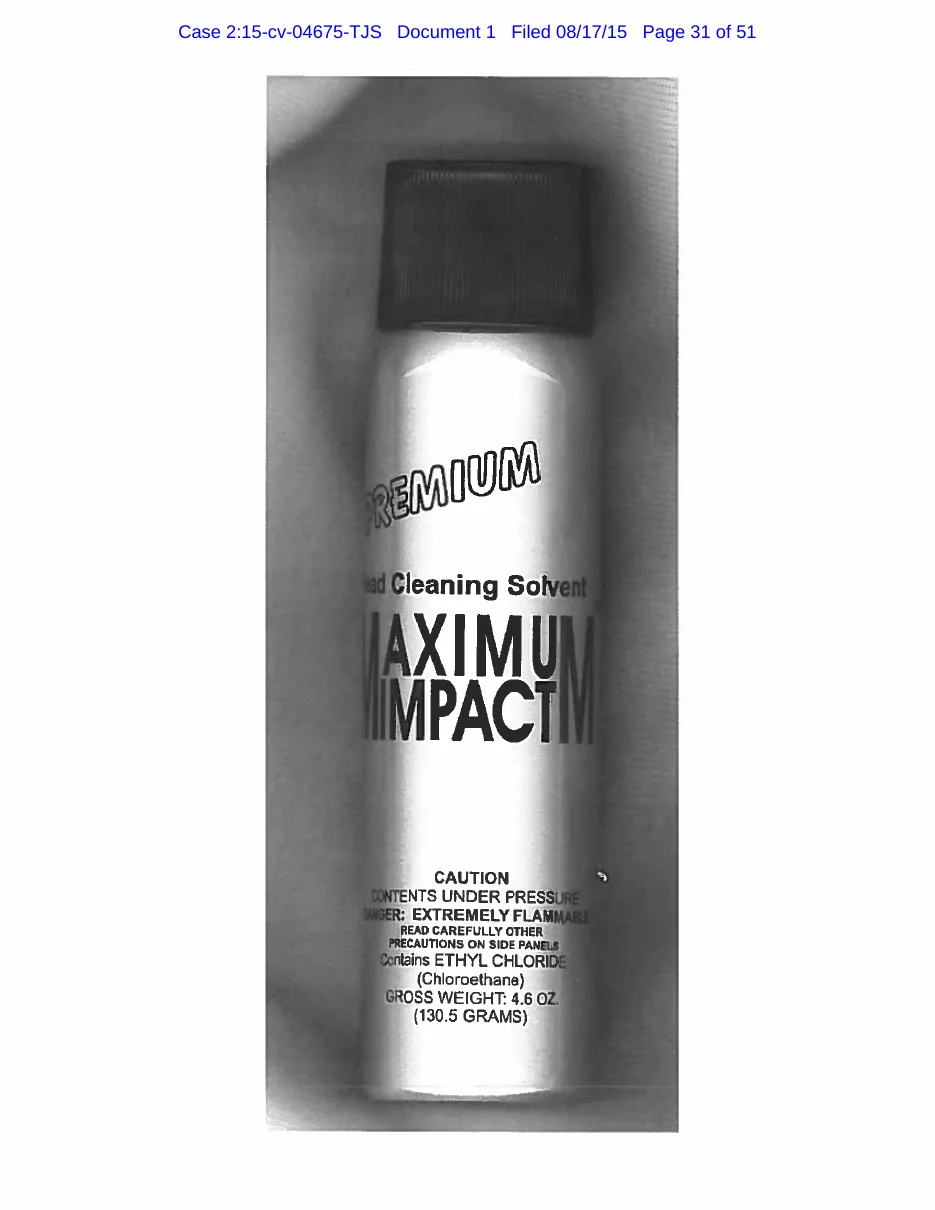 A silver aerosol can with a black cap labelled Premium Head Cleaning Solvent, Maximum Impact, and a caution panel: contents under pressure, extremely flammable, contains ethyl chloride (chloroethane), gross weight 4.6 ounces.