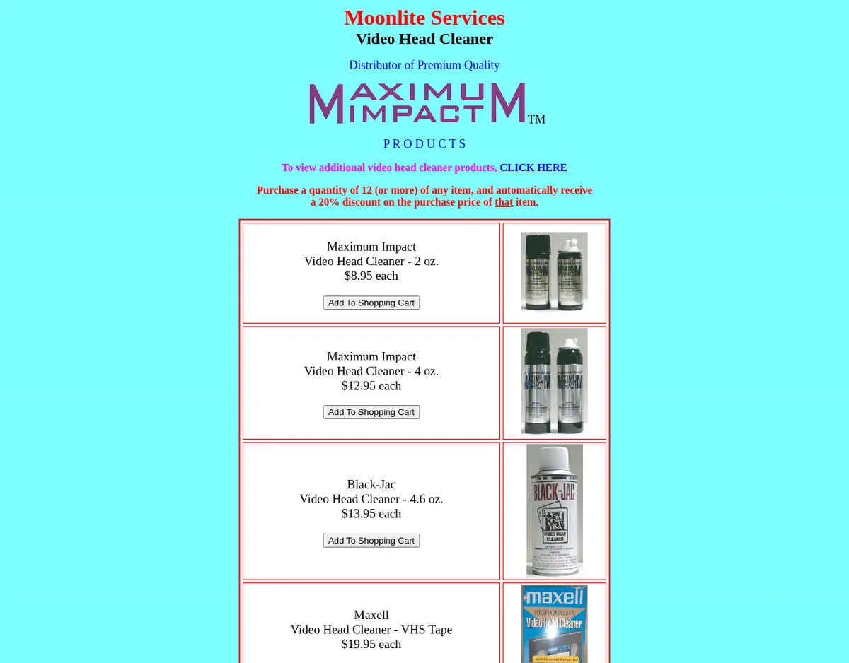 The videoheadcleaner.com home page in June 2000 on a turquoise background: Moonlite Services, Video Head Cleaner, Distributor of Premium Quality Maximum Impact Products, with shopping-cart rows for Maximum Impact video head cleaner in 2 and 4 ounce sizes, Black-Jac and Maxell head cleaners.