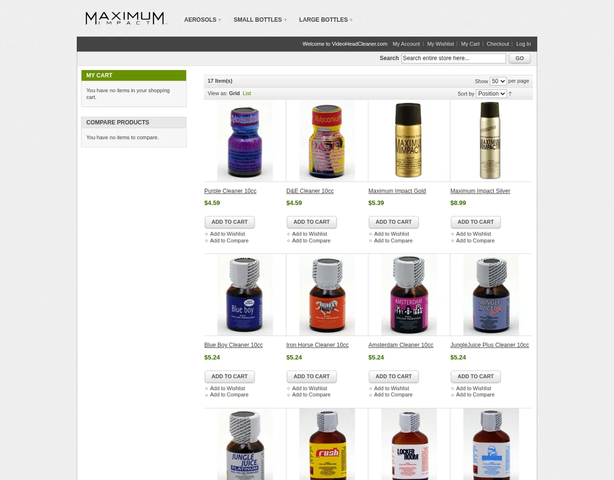 The videoheadcleaner.com shop in February 2011, branded Maximum Impact, with product tiles for Purple Cleaner, D and E Cleaner, Maximum Impact Gold and Silver aerosols, and small bottles of Blue Boy, Iron Horse, Amsterdam, Jungle Juice Plus, Jungle Juice, Rush and Locker Room.