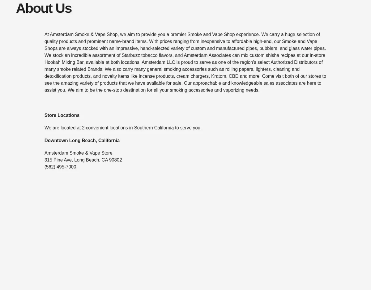 The About Us page in February 2023: text about a premier smoke and vape shop experience, a hookah mixing bar at both locations, Amsterdam LLC as an authorized distributor, and a Store Locations heading listing Amsterdam Smoke & Vape Store, 315 Pine Ave, Long Beach.