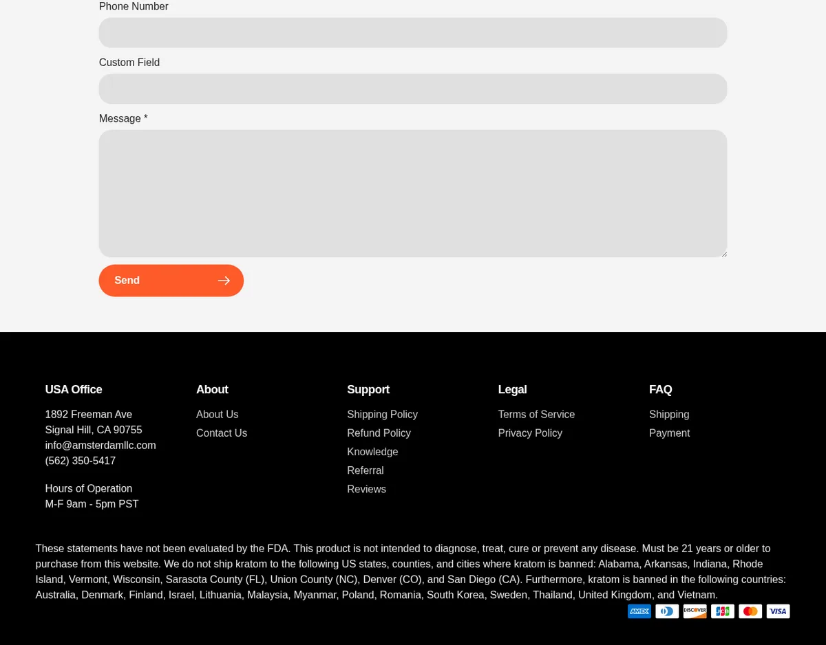 The foot of the contact page in February 2023: USA Office, 1892 Freeman Ave, Signal Hill, CA 90755, an info@ address at amsterdamllc.com, a 562 telephone number and office hours, beside links and a kratom disclaimer.