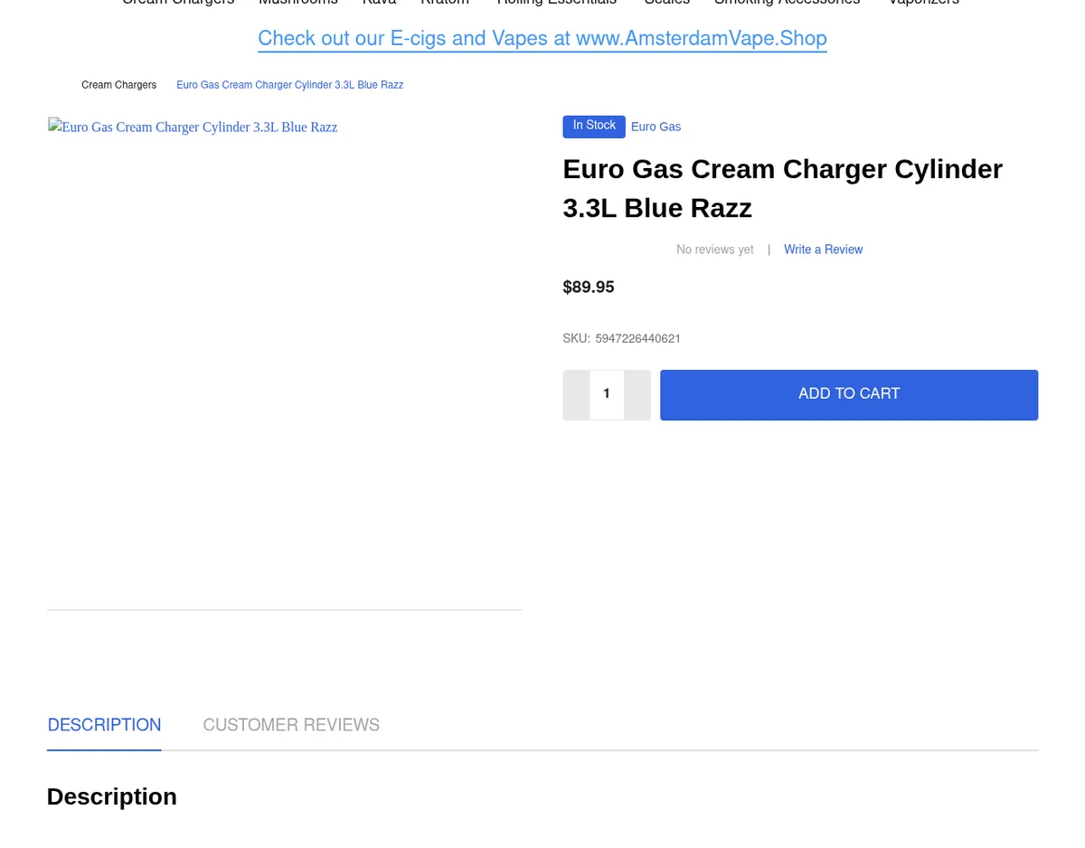 A product page in April 2024: Euro Gas Cream Charger Cylinder 3.3L Blue Razz, In Stock, a price, an Add to Cart button, and a banner pointing to a separate vape site.
