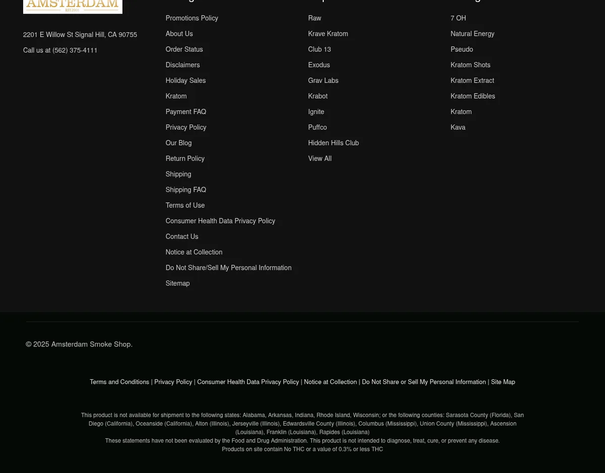 The foot of the home page in October 2025: 2201 E Willow St Signal Hill, CA 90755, Call us at (562) 375-4111, policy links, a state and county exclusion list, and the line Products on site contain No THC.