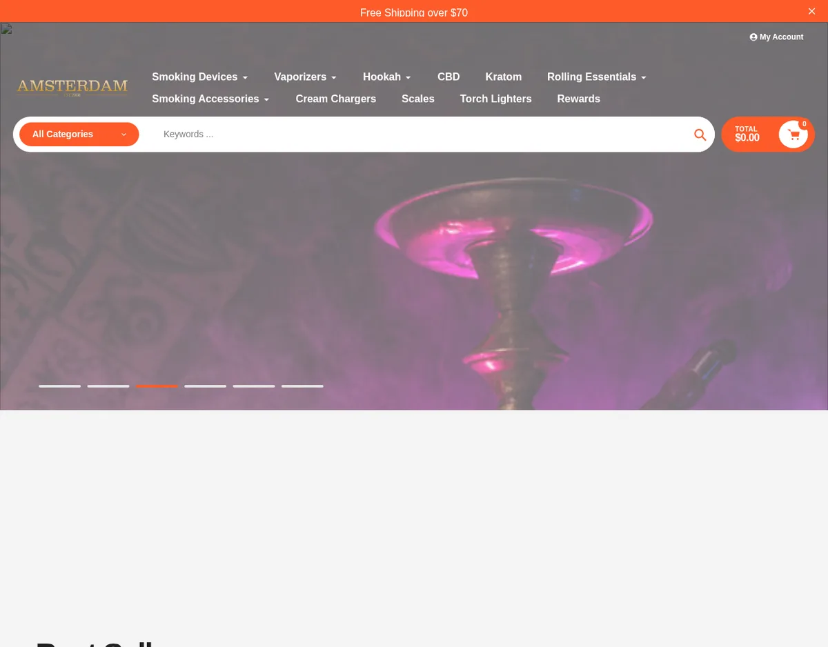 The Amsterdam store's home page in January 2023: a gold AMSTERDAM EST. 2008 logo, a menu of Smoking Devices, Vaporizers, Hookah, CBD, Kratom, Rolling Essentials, Smoking Accessories, Cream Chargers, Scales and Torch Lighters, over a photograph of a hookah.