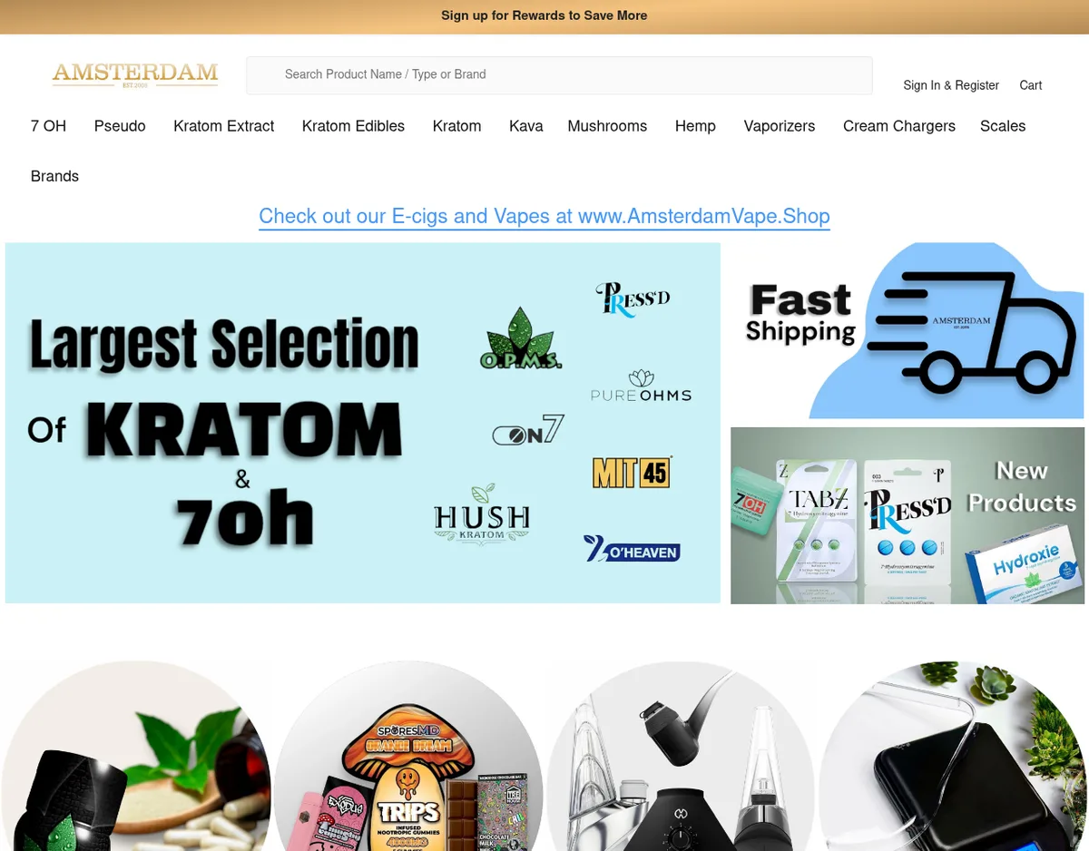 The home page in January 2025: a menu led by 7 OH and Pseudo, a banner reading Largest Selection of Kratom & 7oh with brand logos including Press'd, OPMS and MIT45, and a New Products tile showing 7Tabz, Press'd and Hydroxie packs.