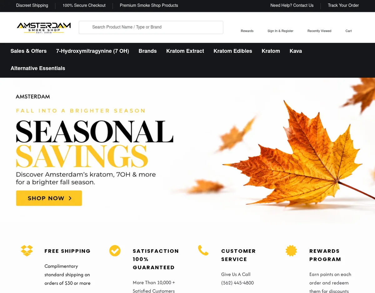 The home page in October 2026: a new black and yellow AMSTERDAM SMOKE SHOP logo, a menu led by Sales & Offers and 7-Hydroxymitragynine (7 OH), a Seasonal Savings banner reading Discover Amsterdam's kratom, 7OH & more, and a customer service number.