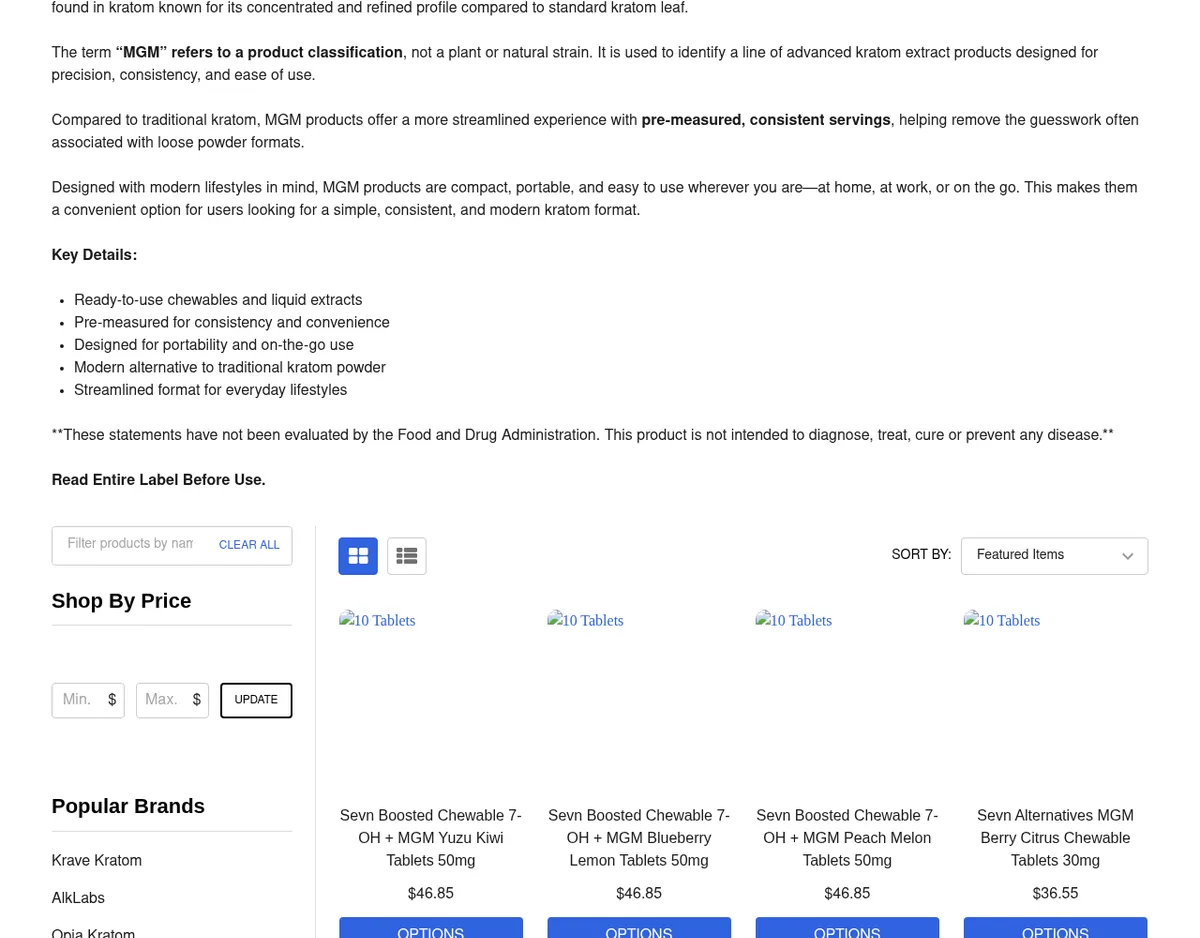 The MGM collection page in May 2026: text saying the term MGM refers to a product classification, not a plant or natural strain, a list of key details, and four Sevn tablets labelled 7-OH + MGM and MGM.