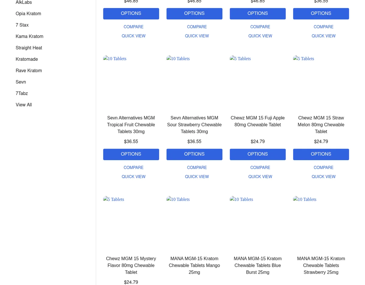 Further down the same page: Sevn Alternatives MGM tablets, Chewz MGM 15 Fuji Apple, Straw Melon and Mystery Flavor 80mg chewable tablets, and MANA MGM-15 kratom chewable tablets in three flavours, with a Popular Brands list including Opia Kratom and 7 Stax.