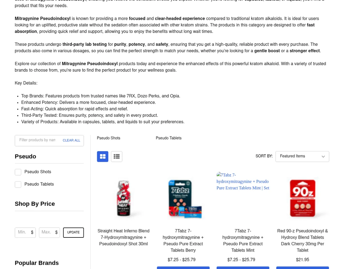 The Pseudo collection page in July 2025: text calling mitragynine pseudoindoxyl a focused, clear-headed experience and saying the products undergo third-party lab testing, a list naming 7RX, Dozo Perks and Opia, and four products including Straight Heat and 7Tabz 7-hydroxymitragynine plus pseudo tablets and Red 90-z pseudoindoxyl tablets.