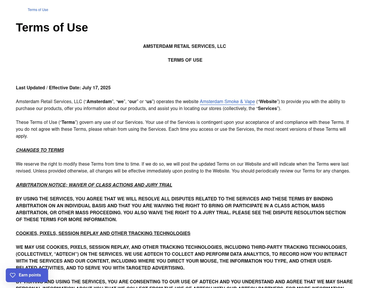 The same Terms of Use page fifteen days later, now headed AMSTERDAM RETAIL SERVICES, LLC, effective July 17, 2025, saying only that Amsterdam Retail Services operates the website Amsterdam Smoke & Vape.