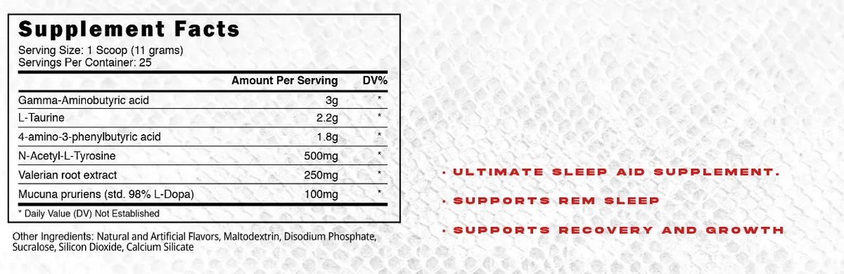 The Anesthetized Supplement Facts panel on blackstonelabs.com in September 2025: gamma-aminobutyric acid 3 g, L-taurine 2.2 g, 4-amino-3-phenylbutyric acid 1.8 g, N-acetyl-L-tyrosine 500 mg, valerian root extract 250 mg and Mucuna pruriens 100 mg, beside the line Ultimate sleep aid supplement.