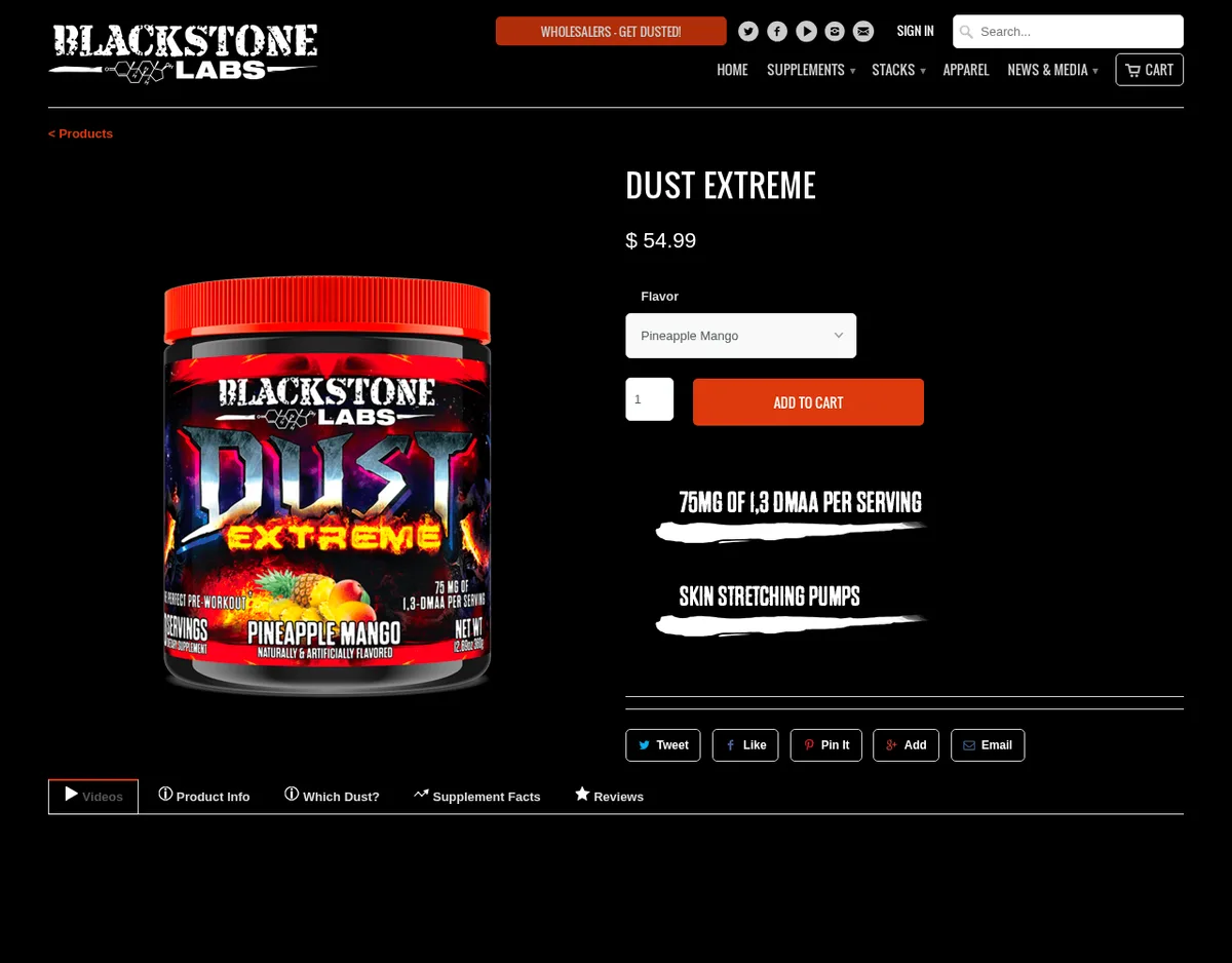 The Dust Extreme product page on blackstonelabs.com in February 2017: a red-lidded tub, a price, a flavour menu, and two hand-lettered banners reading 75mg of 1,3 DMAA per serving and Skin stretching pumps.