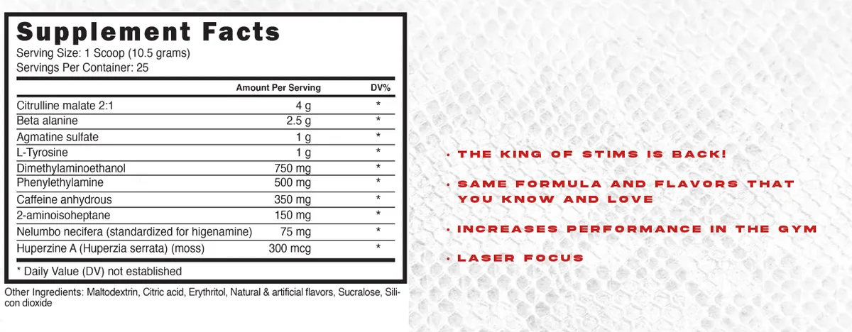 The Dust X Supplement Facts panel on blackstonelabs.com in October 2025, listing citrulline malate 4 g, beta alanine 2.5 g, dimethylaminoethanol 750 mg, phenylethylamine 500 mg, caffeine anhydrous 350 mg, 2-aminoisoheptane 150 mg and higenamine 75 mg, beside the line The king of stims is back.