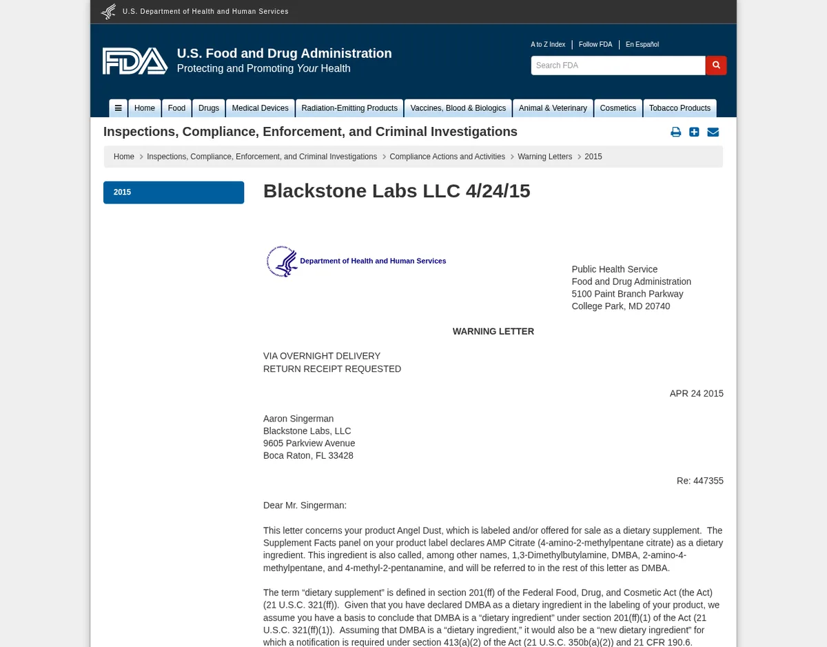 The FDA warning letter page titled Blackstone Labs LLC 4/24/15, addressed to Aaron Singerman at Blackstone Labs, 9605 Parkview Avenue, Boca Raton, about the product Angel Dust and its ingredient AMP Citrate, also called DMBA.