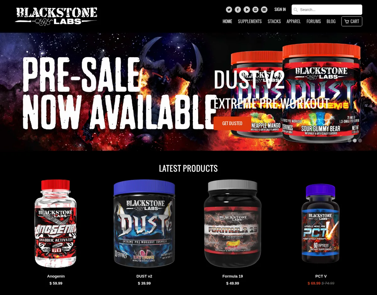 The Blackstone Labs home page in November 2015: a black site with a banner reading Pre-sale now available, Dust v2 Extreme Pre-Workout, beside two tubs whose labels read Dust Extreme and 75 mg of 1,3-DMAA per serving, and below it a row of products: Anogenin, Dust v2, Formula 19 and PCT V.