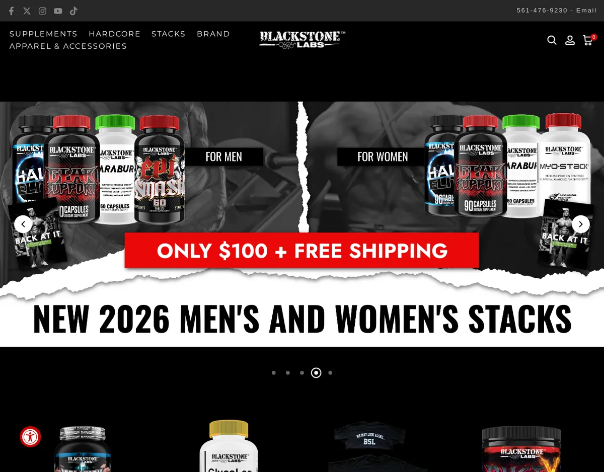 The Blackstone Labs home page in July 2026: a banner advertising new 2026 men's and women's stacks for 100 dollars with free shipping, showing bottles of Halo Elite, Gear Support, Epi Smash and Myo-Stack, and no age prompt.