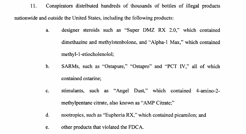 Paragraph 11 of the 2019 indictment: conspirators distributed hundreds of thousands of bottles of illegal products, including designer steroids such as Super DMZ RX 2.0 and Alpha-1 Max, SARMs such as Ostapure, Ostapro and PCT IV containing ostarine, stimulants such as Angel Dust containing AMP Citrate, and nootropics such as Euphoria RX containing picamilon.