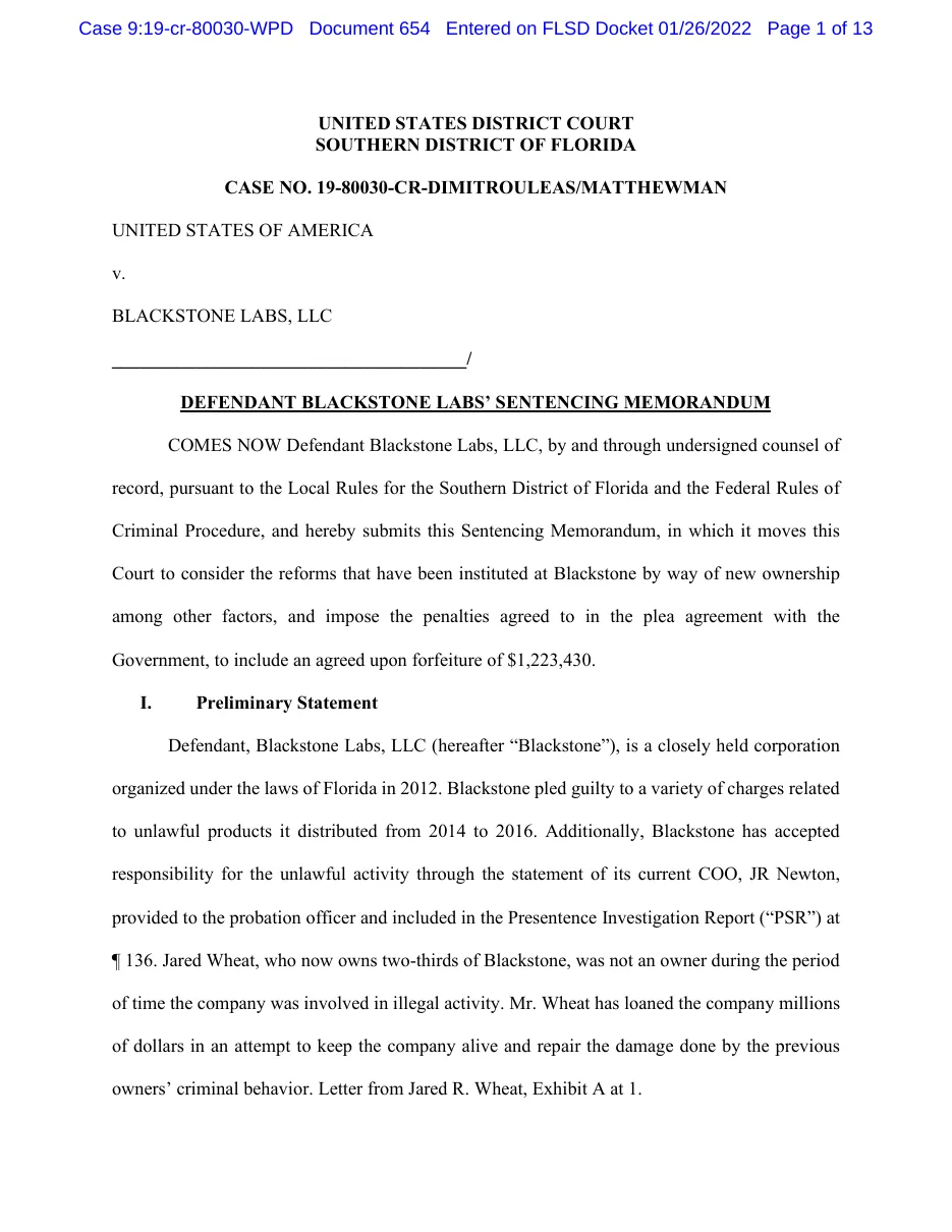 Page 1 of Blackstone Labs' January 2022 sentencing memorandum, asking the court to consider reforms instituted by new ownership and an agreed forfeiture of 1,223,430 dollars, and stating that Jared Wheat now owns two-thirds of Blackstone and was not an owner during the period of illegal activity.