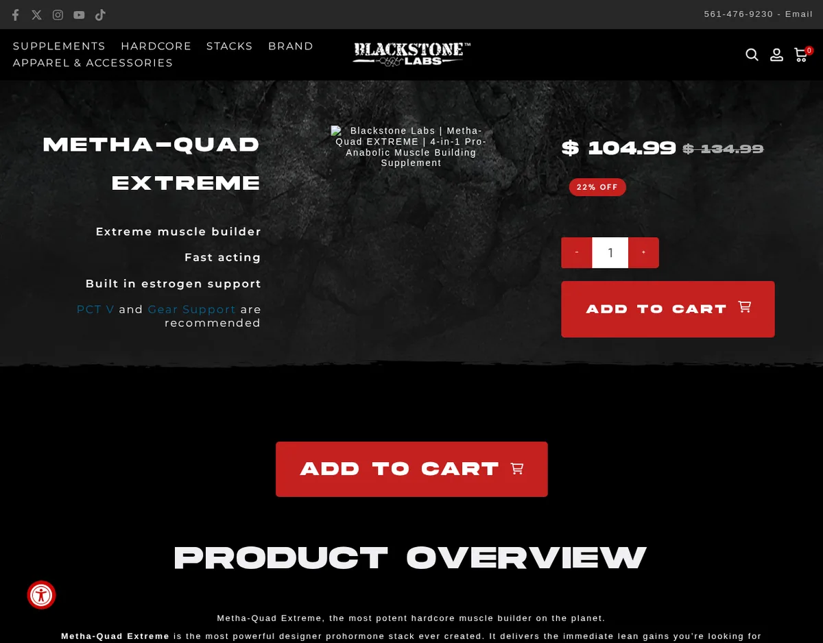 The Metha-Quad Extreme product page in October 2025: the headings Extreme muscle builder, Fast acting and Built in estrogen support, links to PCT V and Gear Support, and the start of a product overview calling it the most powerful designer prohormone stack ever created.