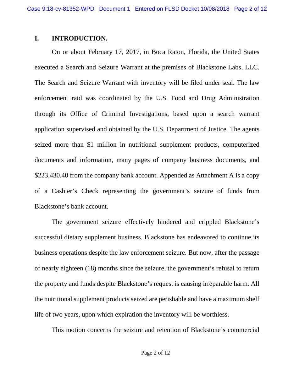 Page 2 of Blackstone Labs' October 2018 petition for return of seized property, describing a search warrant executed on or about 17 February 2017 at its premises in Boca Raton, coordinated by the FDA Office of Criminal Investigations, and the seizure of more than 1 million dollars in products and 223,430.40 dollars from the company bank account.