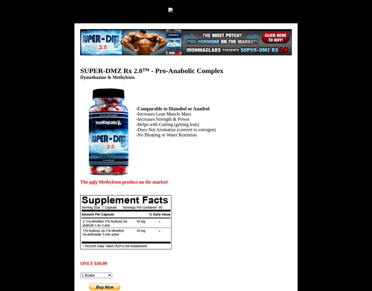 An archived web page from September 2012 headed SUPER-DMZ Rx 2.0 Pro-Anabolic Complex, Dymethazine and Methylsten, showing a white bottle labelled Super-DMZ 2.0, a list reading Comparable to Dianabol or Anadrol, Increases Lean Muscle Mass, Does Not Aromatize, the line The only Methylsten product on the market, and a Supplement Facts panel listing two steroid chemical names at 10 mg each.
