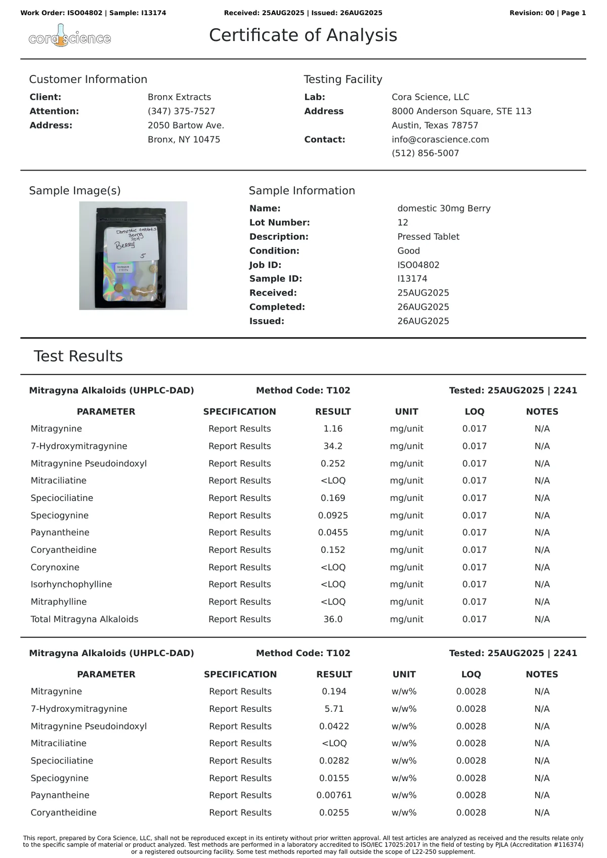 Page 1 of a Cora Science certificate of analysis: client Bronx Extracts, Bronx NY 10475; sample domestic 30mg Berry, lot 12, pressed tablet, received 25 Aug 2025; 7-hydroxymitragynine 34.2 mg per unit, mitragynine 1.16 mg, mitragynine pseudoindoxyl 0.252 mg, total alkaloids 36.0 mg.