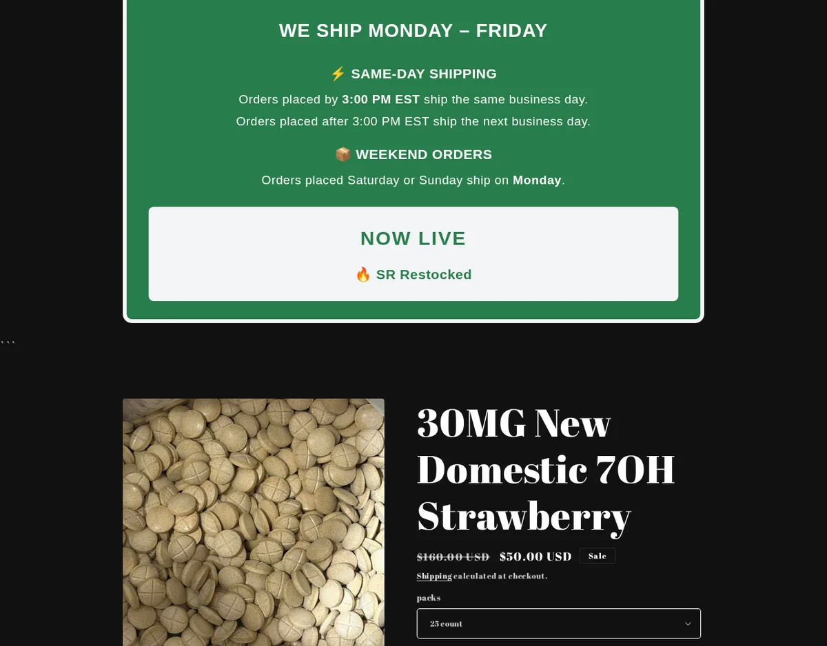 A product page: a pile of scored beige tablets beside the title 30MG New Domestic 7OH Strawberry, sale price, and a pack-size selector of 25 count.