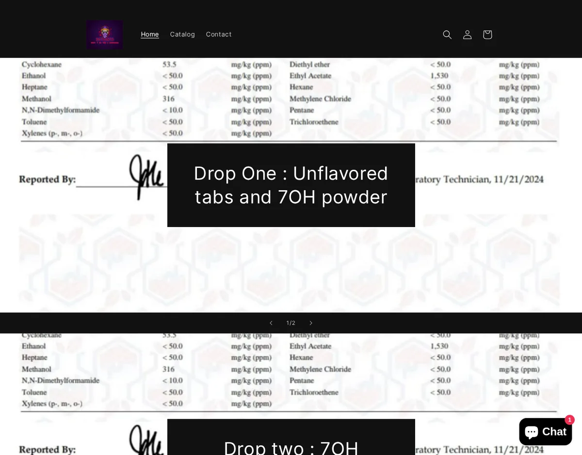 The bxtracts.com home page in December 2024: a header with Home, Catalog and Contact, and a slider showing part of a residual-solvent report (methanol 316 ppm, ethyl acetate 1,530 ppm, reported 11/21/2024) under the caption Drop One: Unflavored tabs and 7OH powder.