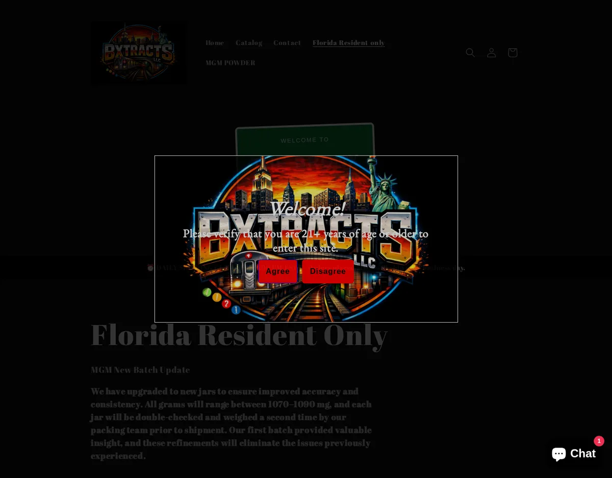 The bxtracts.com Florida Resident Only collection behind a one-click age box (Please verify that you are 21+ years of age, Agree or Disagree) over a BXTRACTS LLC logo of a subway train and the Manhattan skyline; behind it, MGM New Batch Update: all grams will range between 1070-1090 mg.