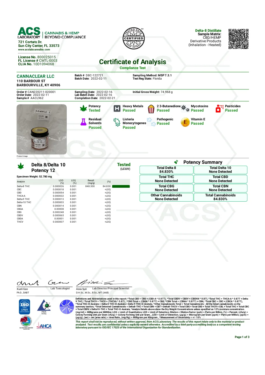 An ACS Laboratory certificate of analysis for CannaClear LLC, Barbourville, KY, batch D8C-122721, completed 2022-02-21: total delta-8 84.830%, total THC none detected, heavy metals, mycotoxins, pesticides and residual solvents passed.
