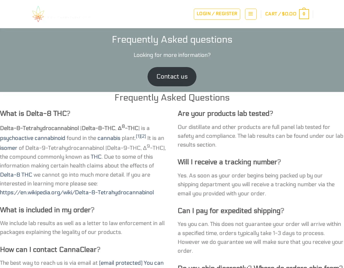 The CannaClear FAQ in May 2023. One answer says: We include lab results as well as a letter to law enforcement in all packages explaining the legality of our products. Another says the distillate and other products are full panel lab tested.