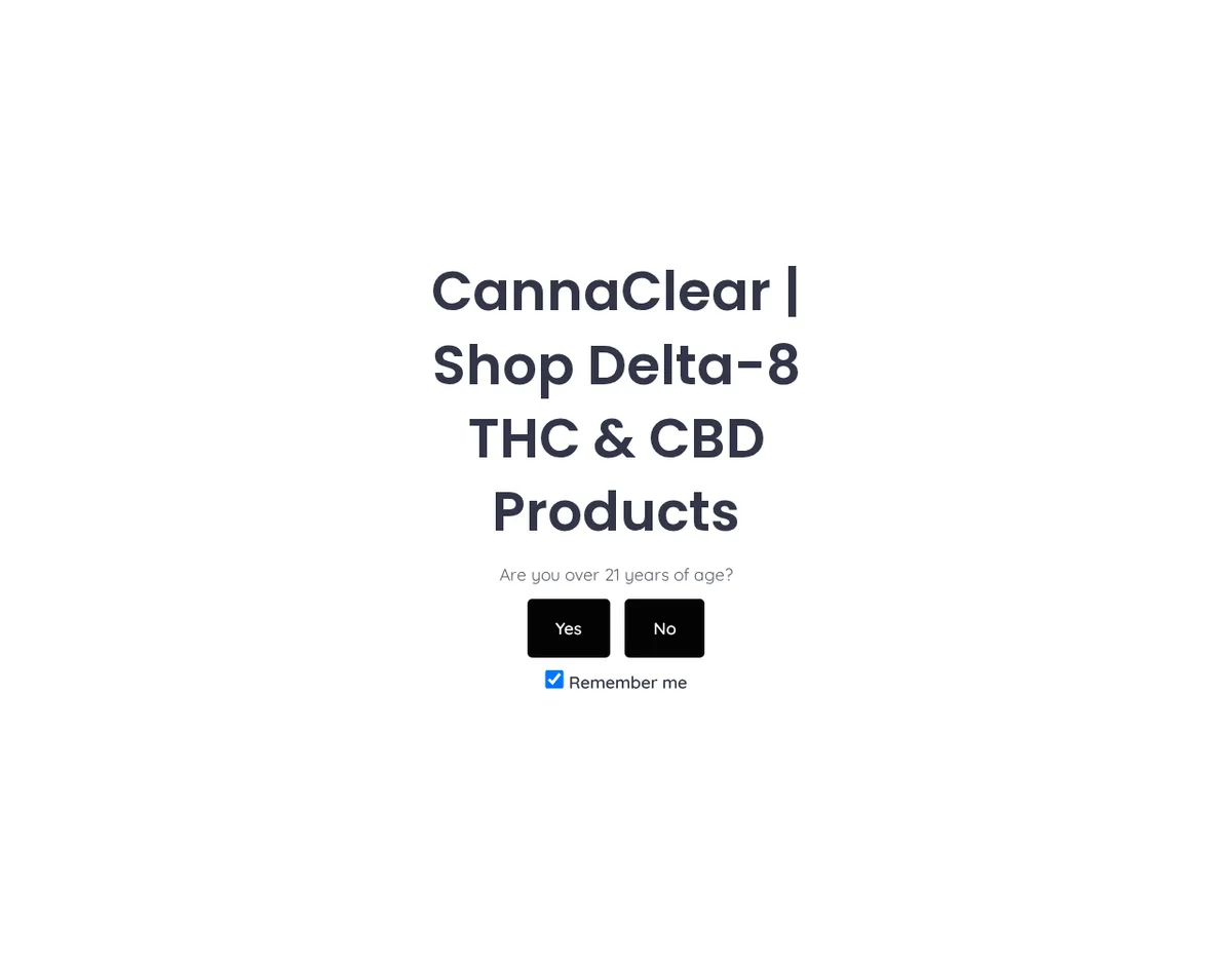A white page with large text reading CannaClear | Shop Delta-8 THC & CBD Products and the question Are you over 21 years of age? with Yes and No buttons.