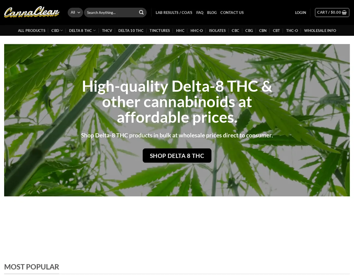 The CannaClear home page in April 2022: a black menu listing CBD, Delta 8 THC, THCV, Delta 10 THC, HHC, HHC-O, CBC, CBG, CBN, CBT and THC-O over a photo of cannabis leaves and the words High-quality Delta-8 THC & other cannabinoids at affordable prices.