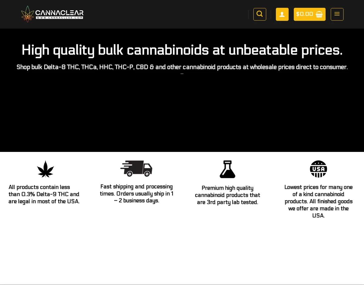 The CannaClear home page in July 2025 under a new atom-and-leaf logo, reading High quality bulk cannabinoids at unbeatable prices, with four icons: all products contain less than 0.3% Delta-9 THC and are legal in most of the USA; orders usually ship in 1 to 2 business days; 3rd party lab tested; all finished goods made in the USA.
