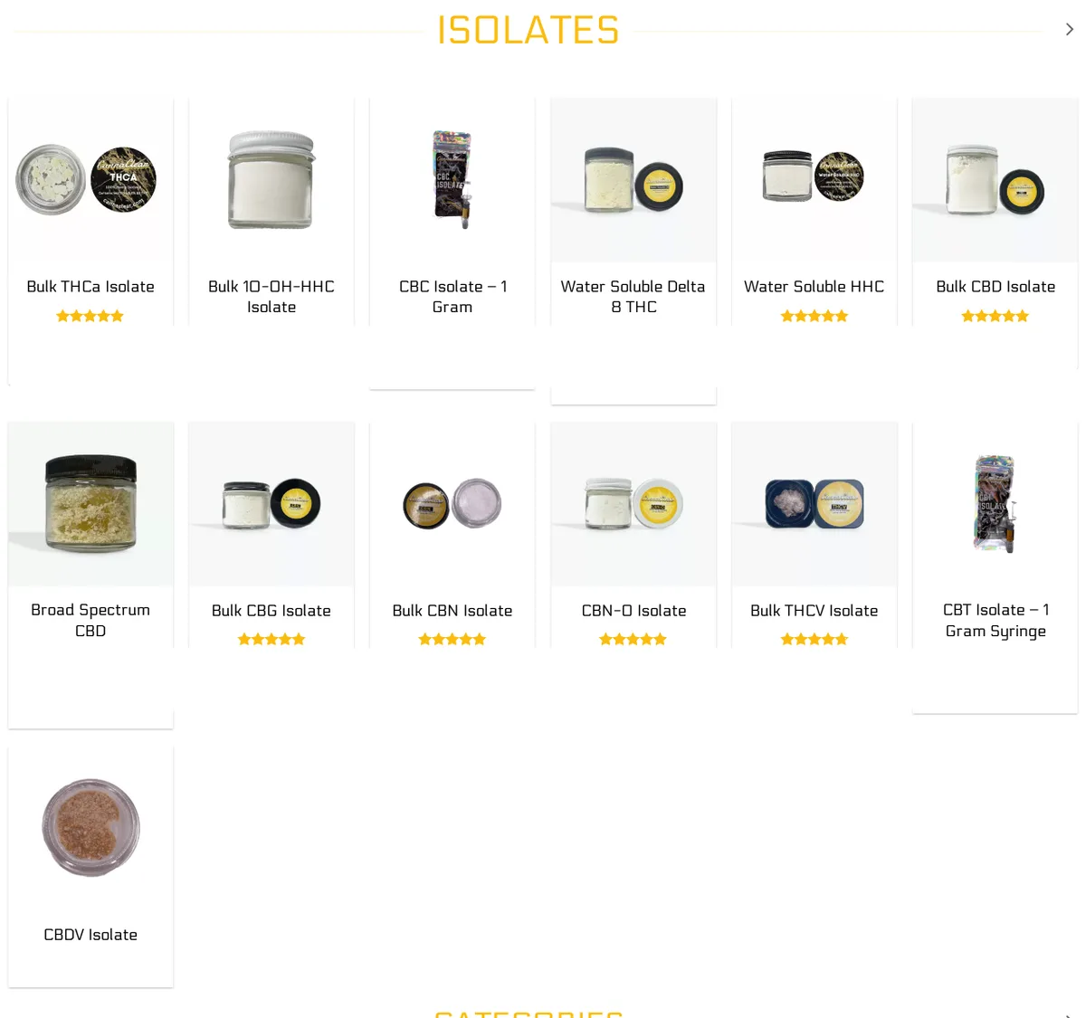 A grid of jars from the CannaClear home page in June 2023 under the heading Isolates: Bulk THCa Isolate, Bulk 10-OH-HHC Isolate, CBC Isolate, Water Soluble Delta 8 THC, Water Soluble HHC, Bulk CBD Isolate and, below, Broad Spectrum CBD, CBG, CBN, CBN-O, THCV, CBT and CBDV isolates.