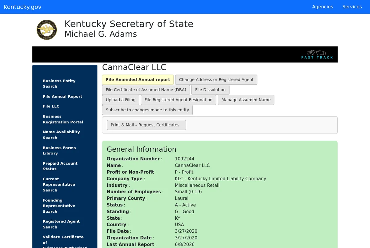 The Kentucky Secretary of State business record for CannaClear LLC: organization number 1092244, Kentucky Limited Liability Company, industry Miscellaneous Retail, small (0-19) employees, primary county Laurel, status Active, standing Good, organized 3/27/2020, last annual report 6/8/2026.