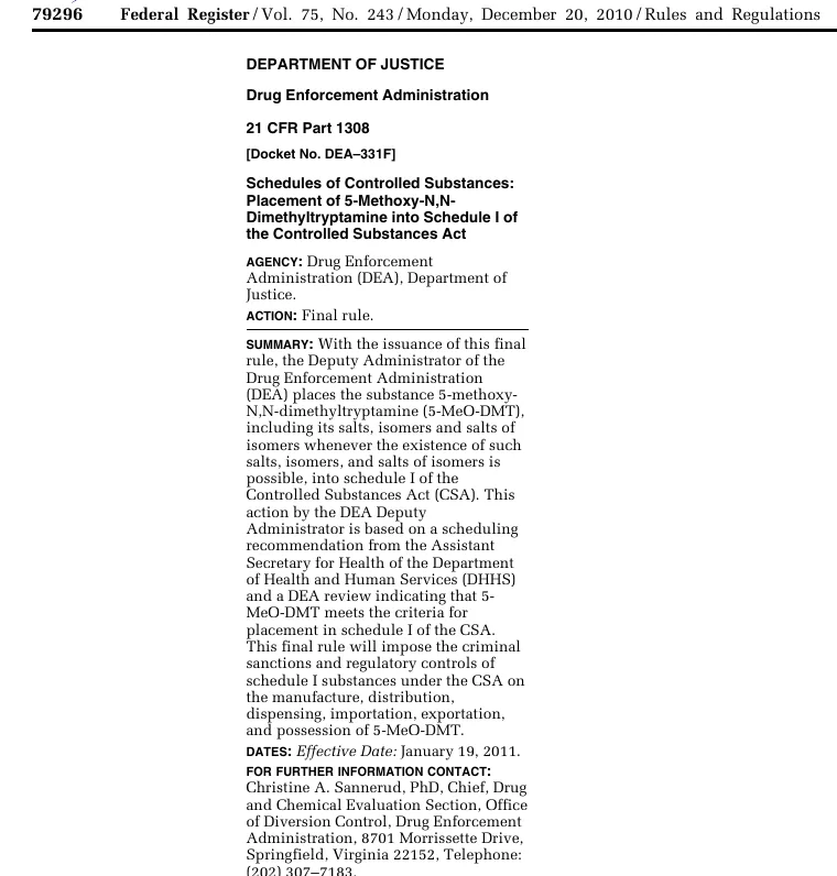 The first page of the DEA final rule in the Federal Register of December 20, 2010, Placement of 5-Methoxy-N,N-Dimethyltryptamine into Schedule I of the Controlled Substances Act, with its summary and the line Effective Date: January 19, 2011.
